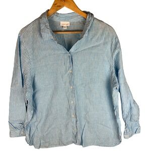 J. Jill Love Linen Blue White Striped Button Down Shirt XL Long Sleeve